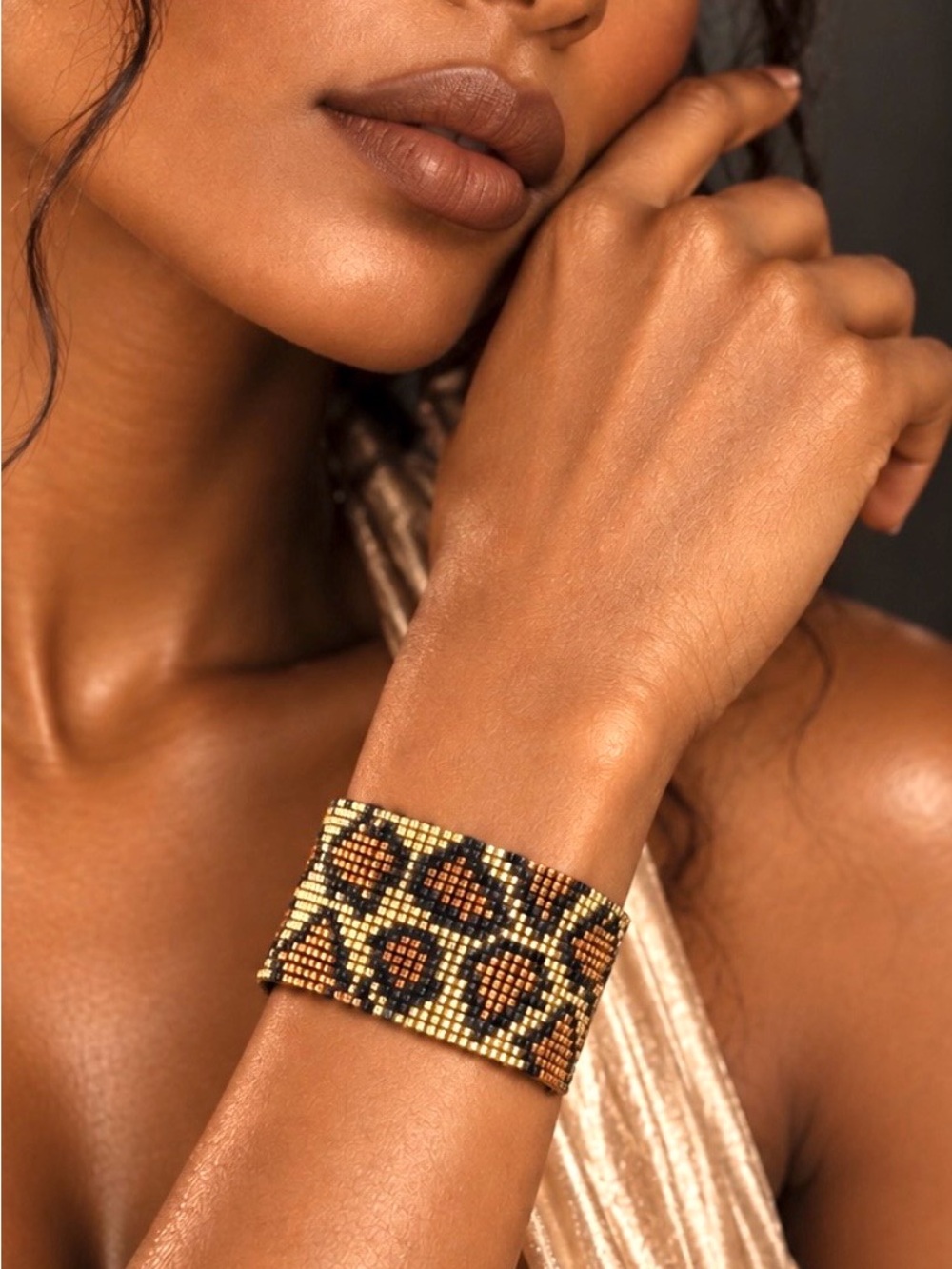 NWT Handmade Miyuki Bead Leopard Cuff Bracelet Gold Black Boho Chic Jewelry
